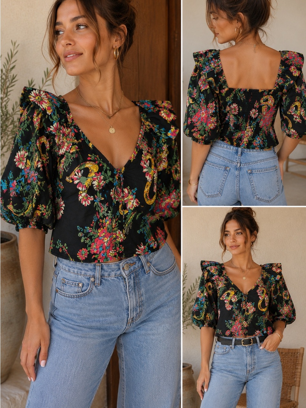 MOTHER Floral Snake Print Puff Sleeve Crop Top Boho Smocked Back Size Small
